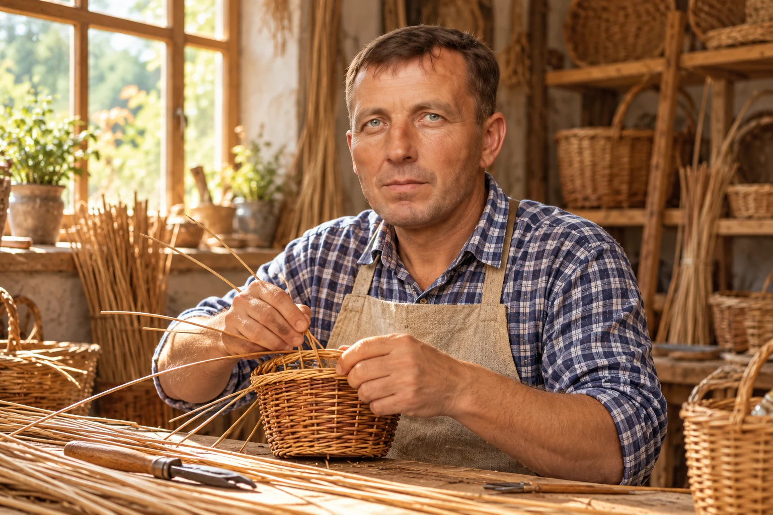 Нижник Максим в мастерской плетения корзин из ивы — AI-иллюстрация